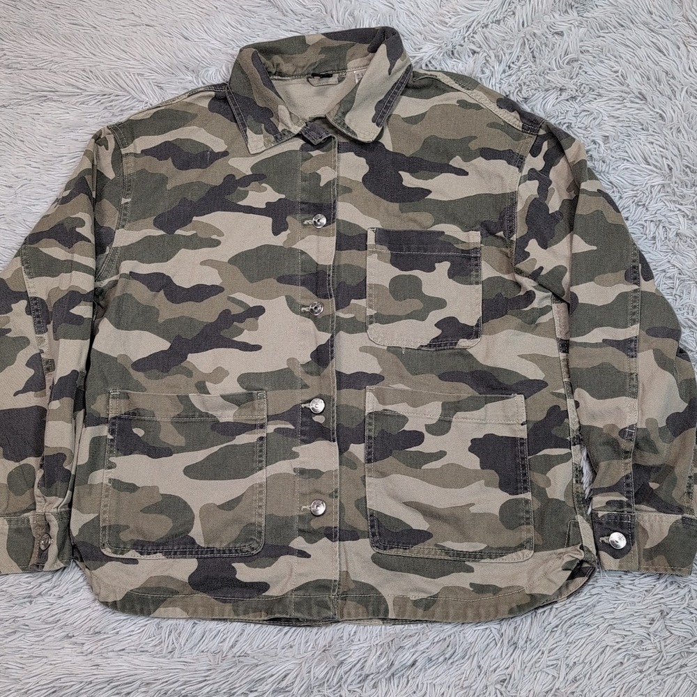 Divided H&M Jacket Womens M Green Camo Military Gorpcore Denim‎ Coat Pockets